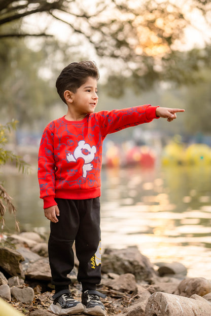 Red Bears Print Sweatshirt With Trouser For Kids (2 Piece)