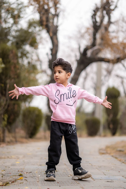 Pink Smiley Printed Hoodie With Trouser For Kids