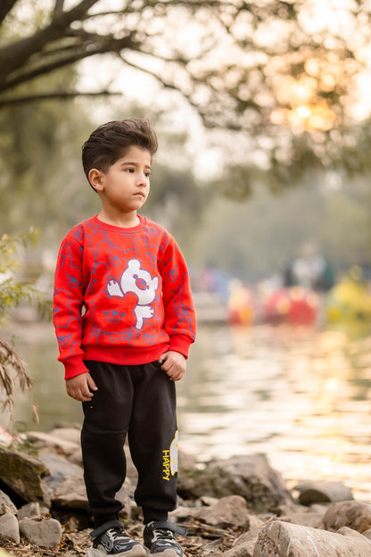 Red Bears Print Sweatshirt With Trouser For Kids (2 Piece)