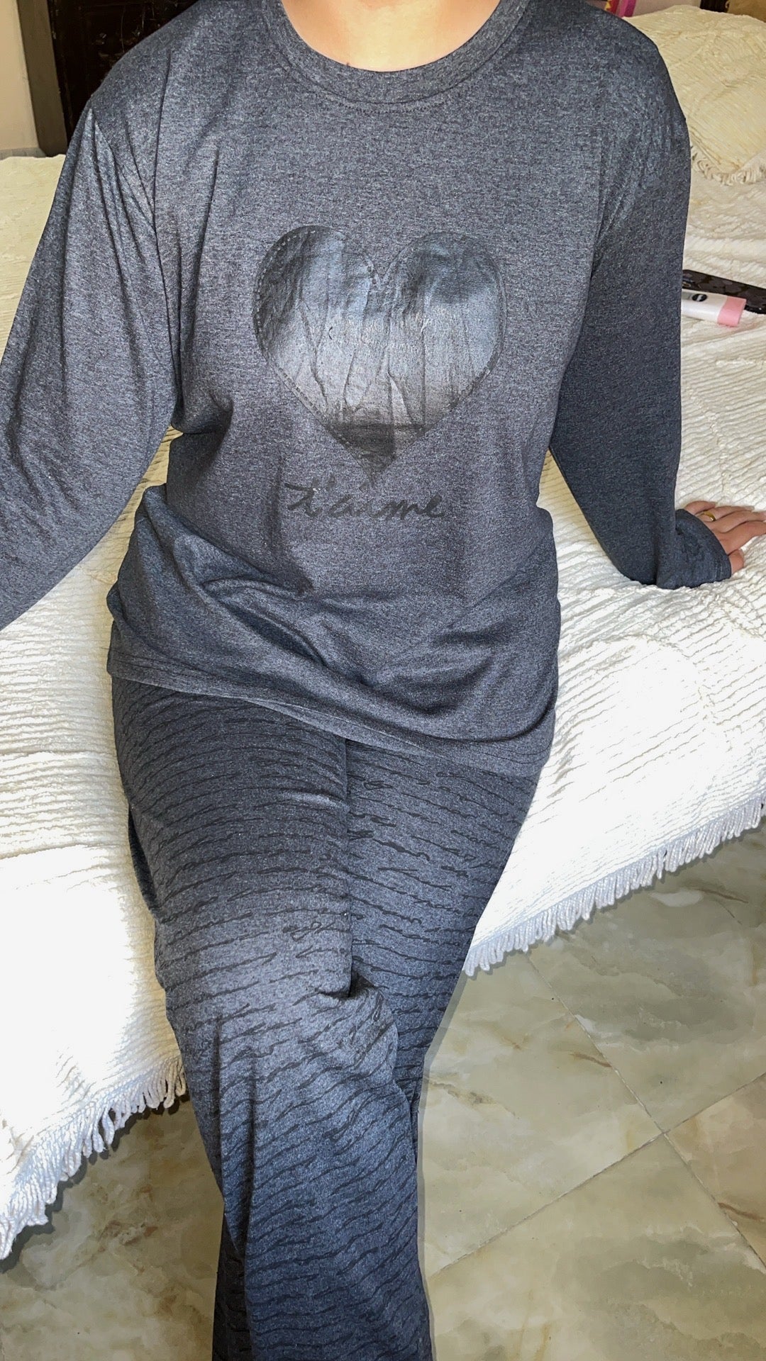 Black Heart Printed Night Suit