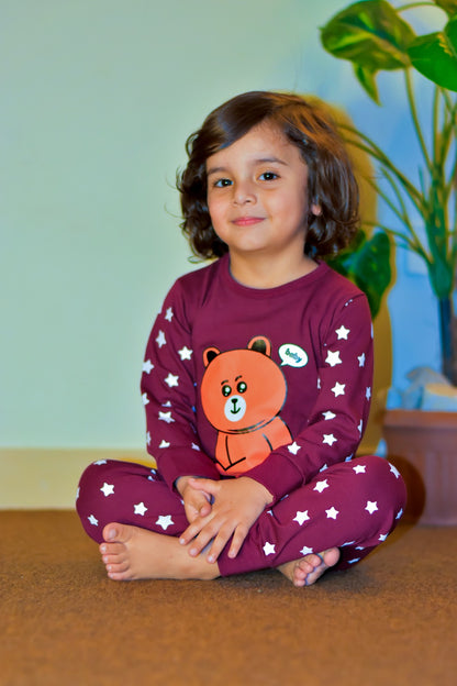 Maroon Teddy Bear Printed Kids Wear (Each)