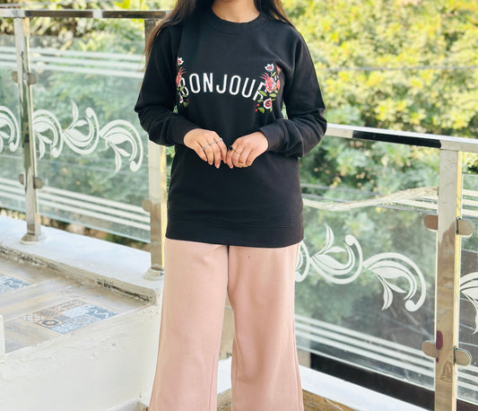 Black Bonjour Printed Sweat Shirt