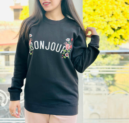 Black Bonjour Printed Sweat Shirt