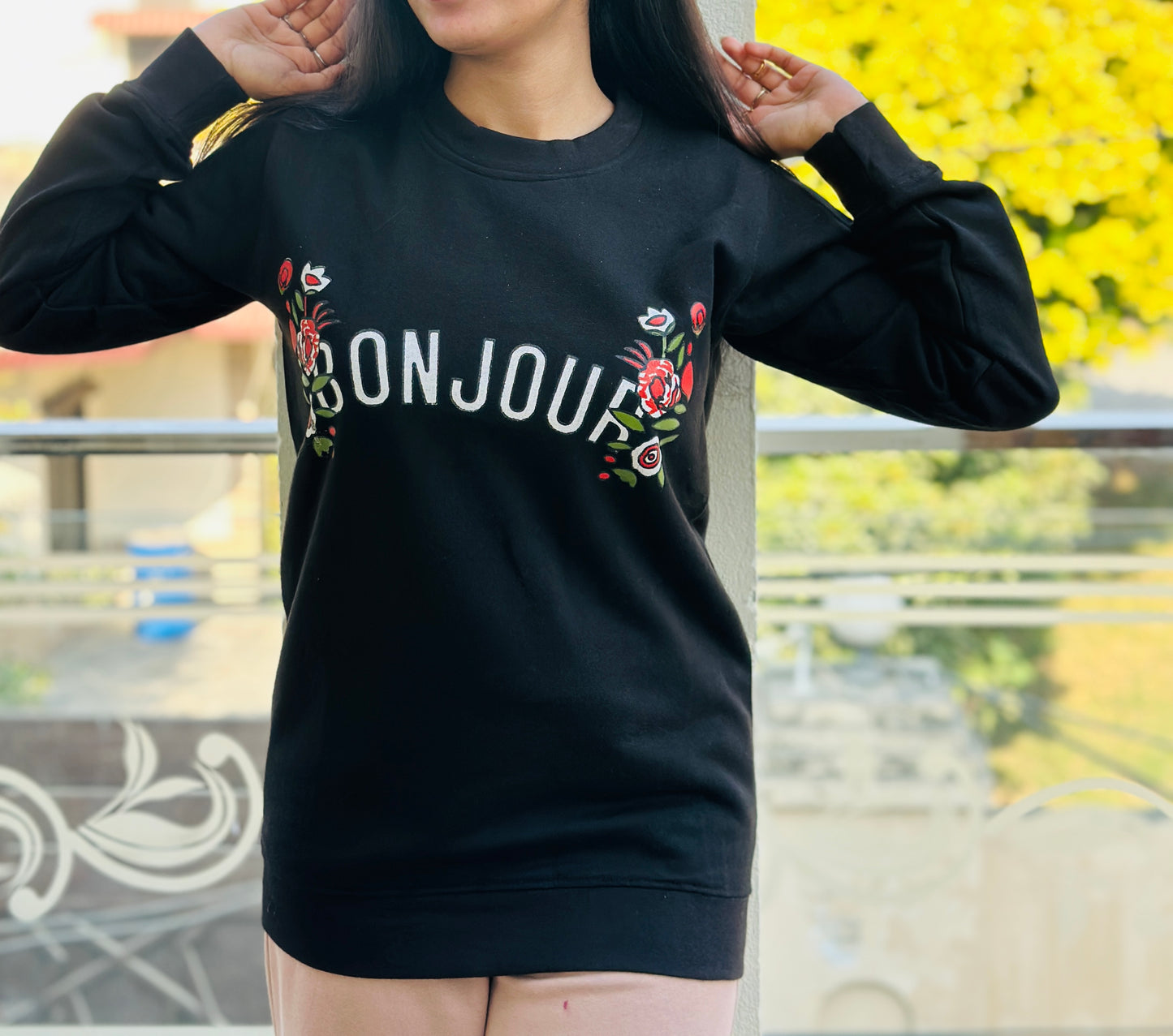 Black Bonjour Printed Sweat Shirt