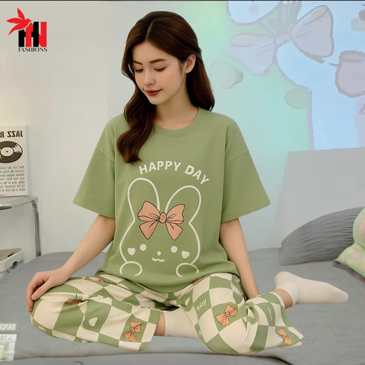 Olive Green Printed Night Suit