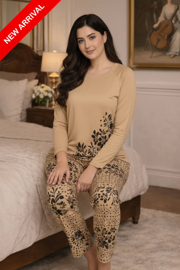 Beige Leaves Printed Night Suit