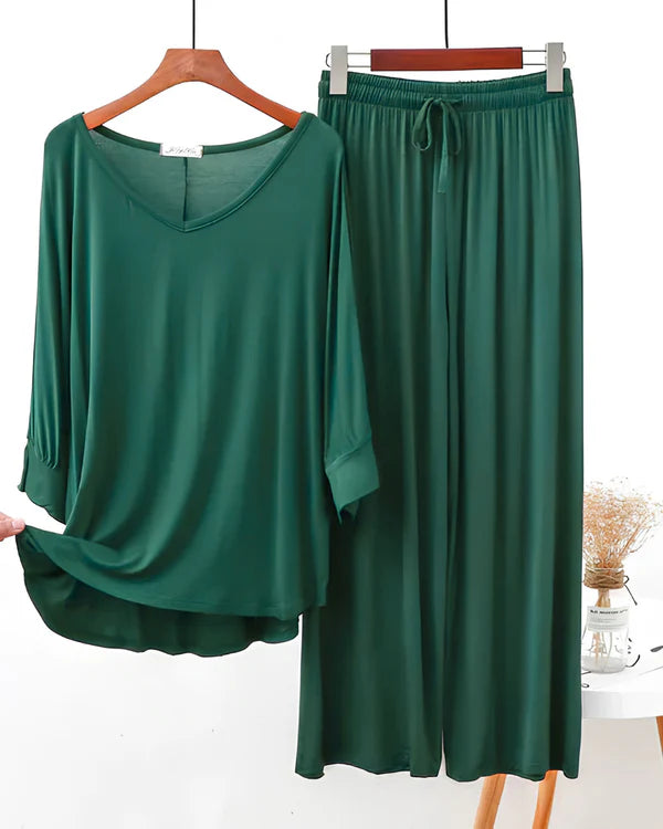 Dark-Green V-Neck Palazzo PJ Set