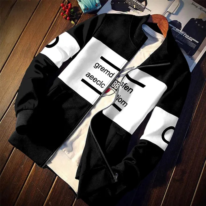Black with White Colourblock Printed Zipper Jacket