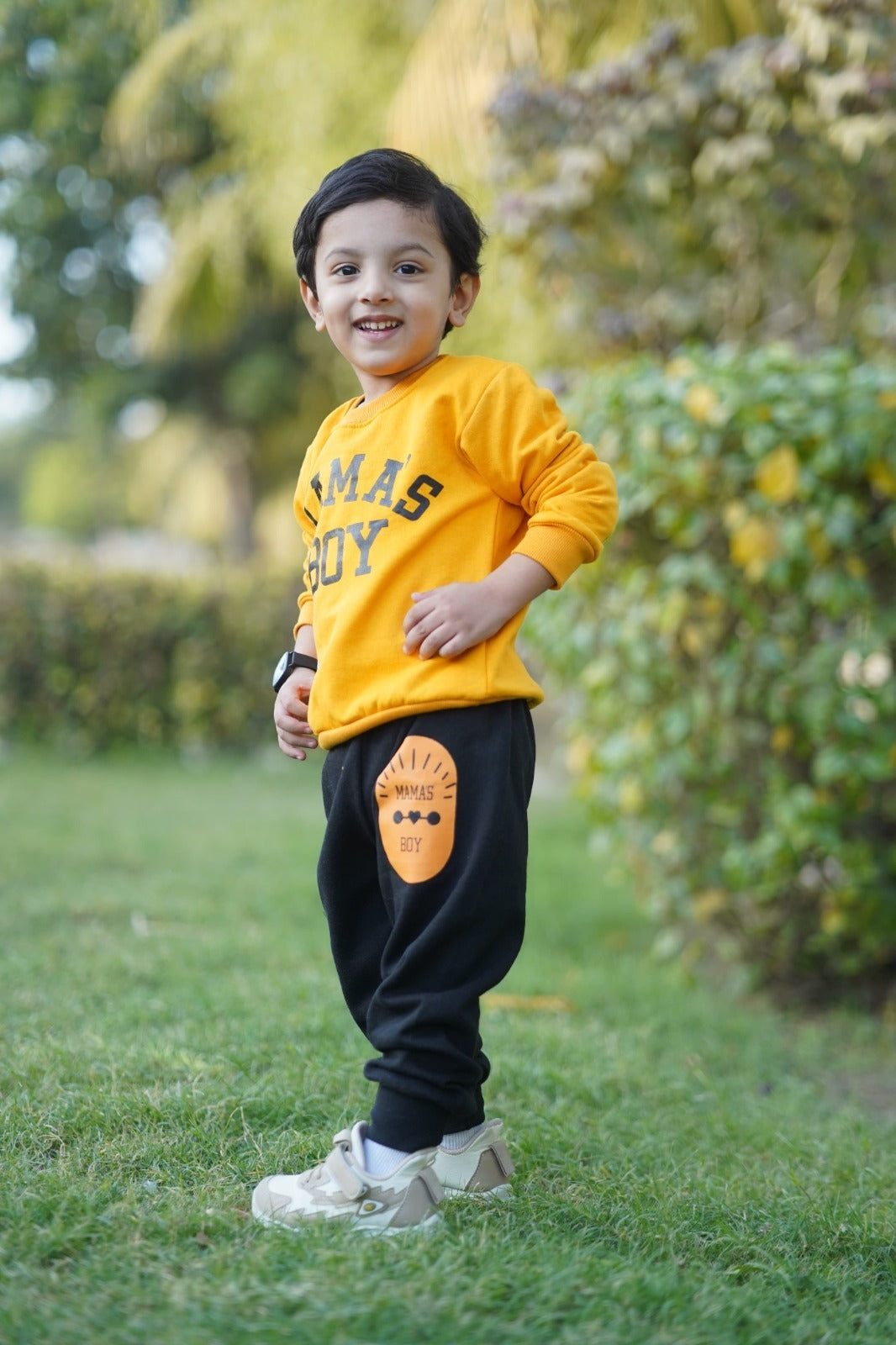 Yellow Mama's Boy Printed Sweatshirt With Trouser For Kids