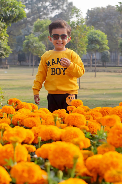Yellow Mama's Boy Printed Sweatshirt With Trouser For Kids