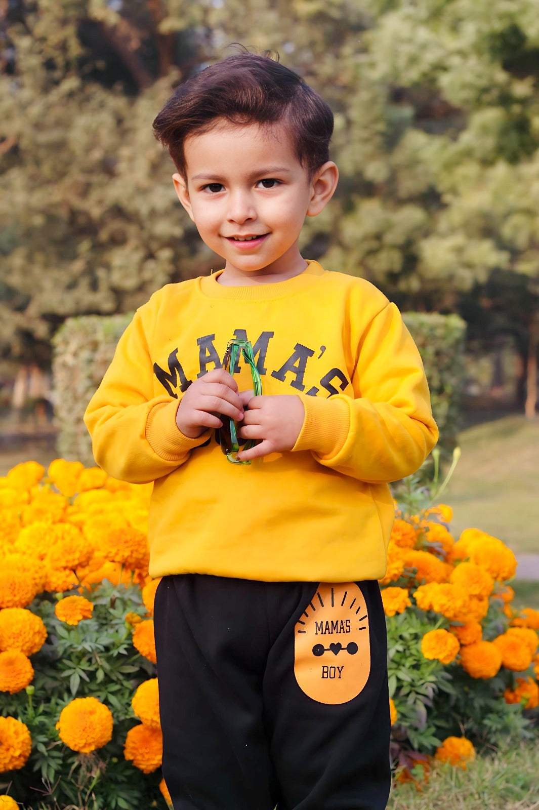 Yellow Mama's Boy Printed Sweatshirt With Trouser For Kids