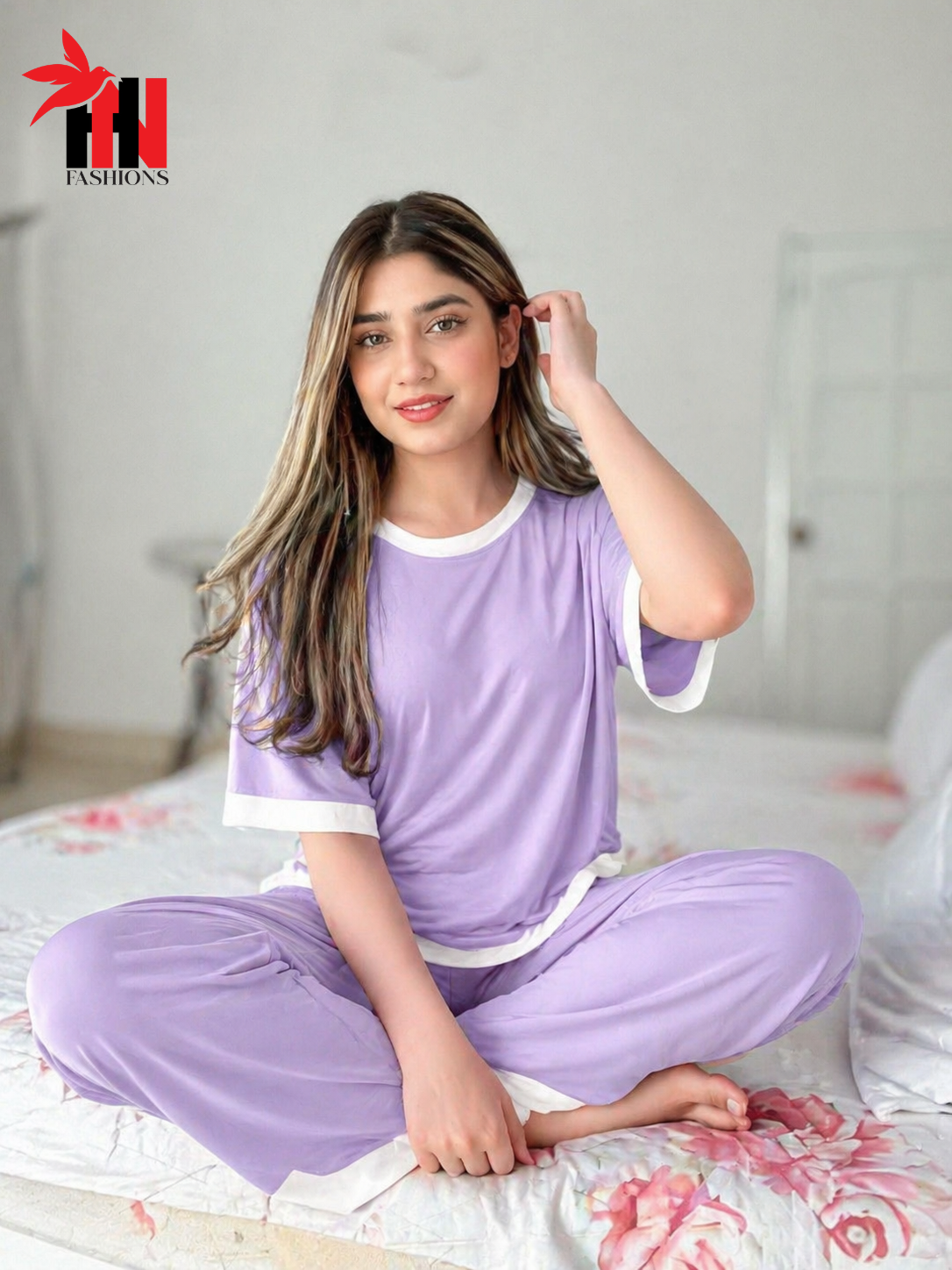 Purple White Round Neck Plazzo PJ Set