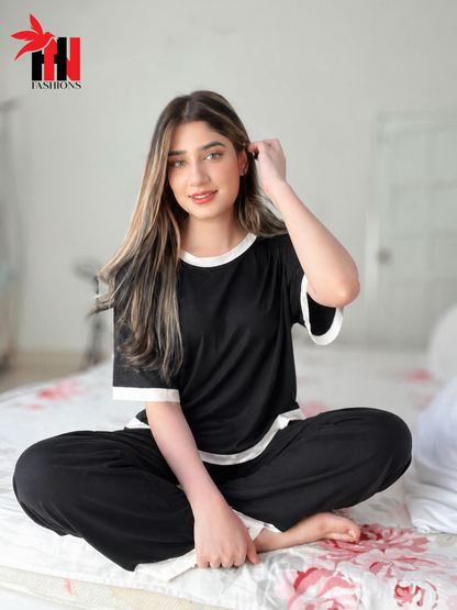 Black White Round Neck Plazzo PJ Set