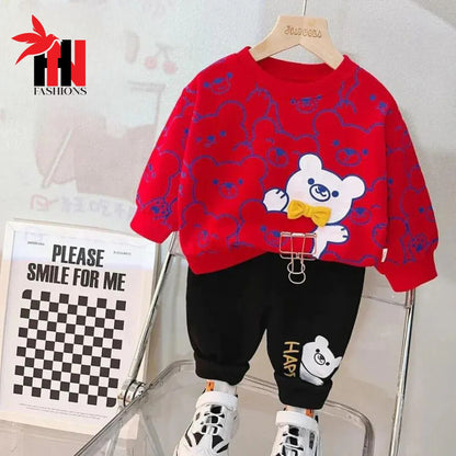 Red Bears Print Sweatshirt With Trouser For Kids (2 Piece)