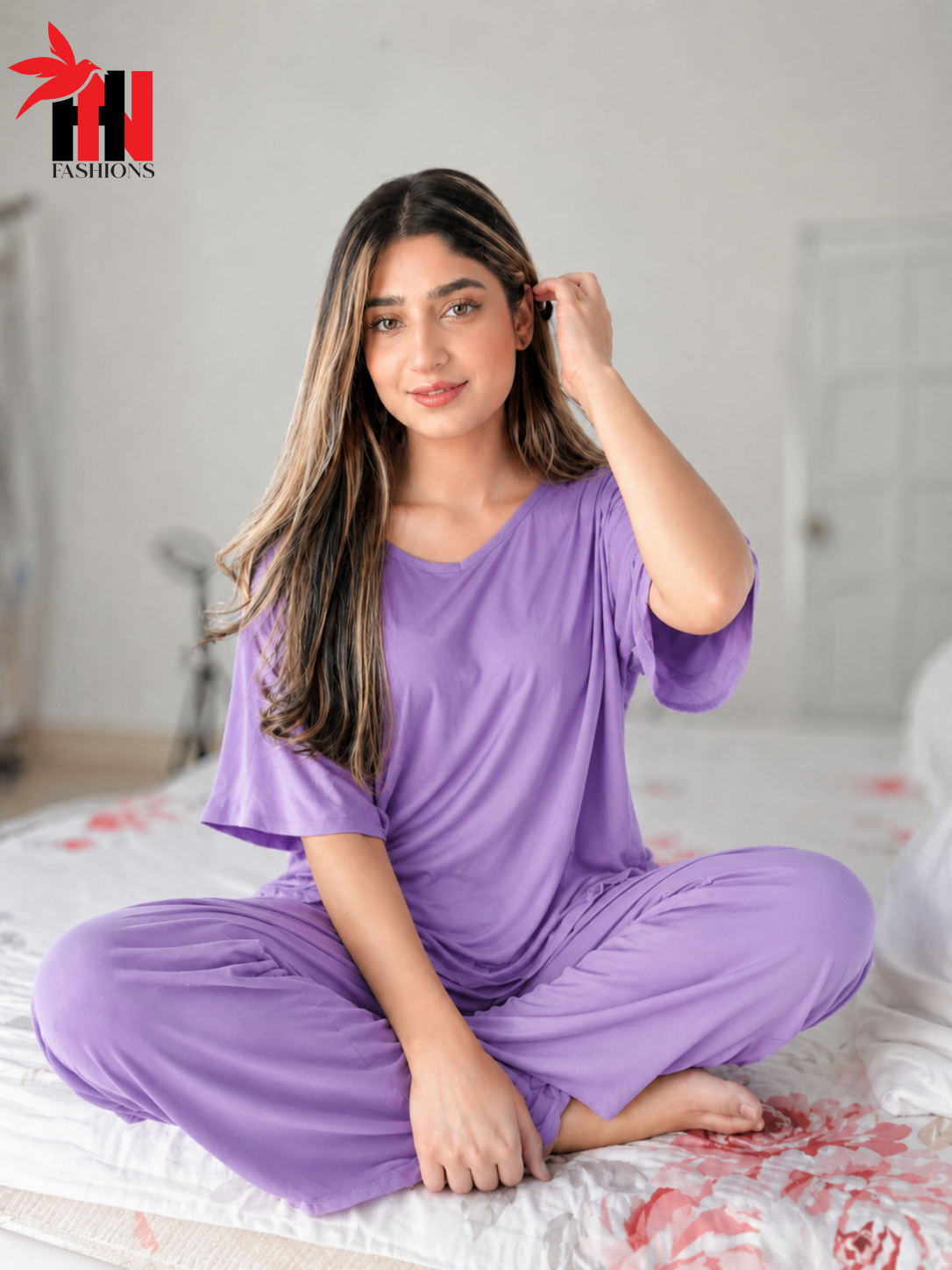 V-Neck Purple Plazzo Suit PJ Set