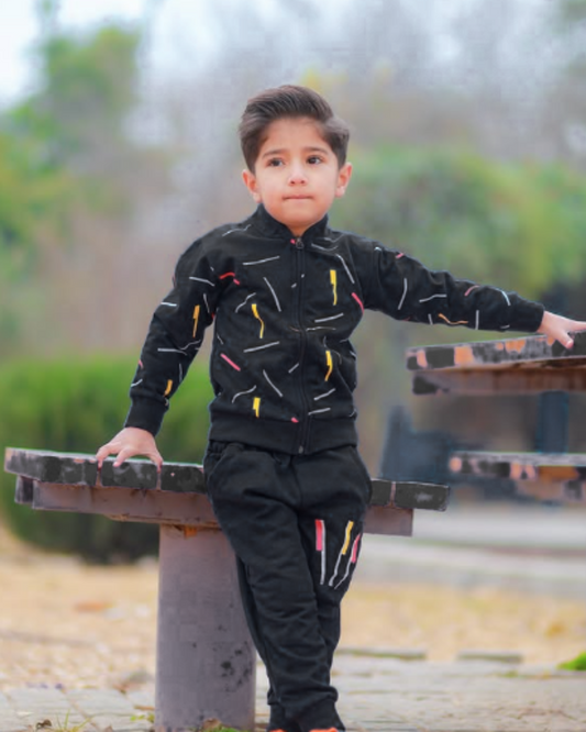 Kids Black Printed Zipper Jacket With Trouser (2 Piece)
