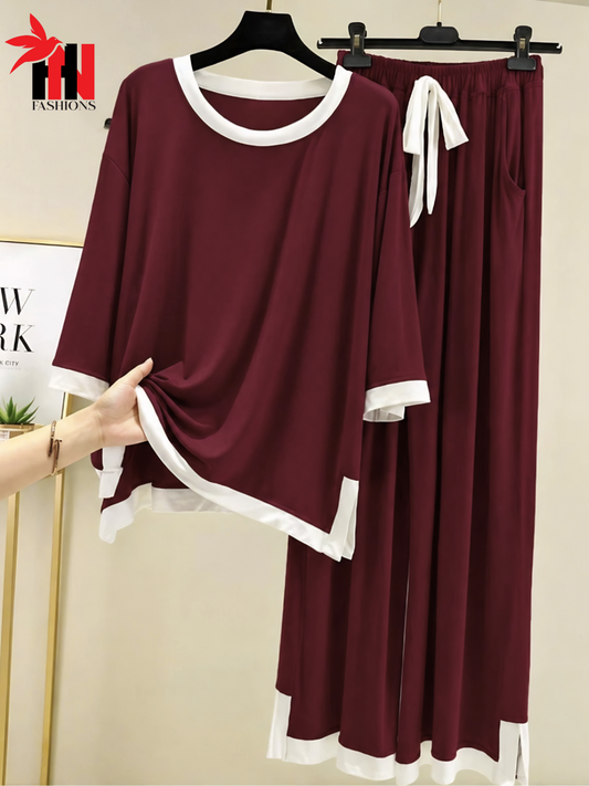 Maroon White Round Neck Plazzo PJ Set