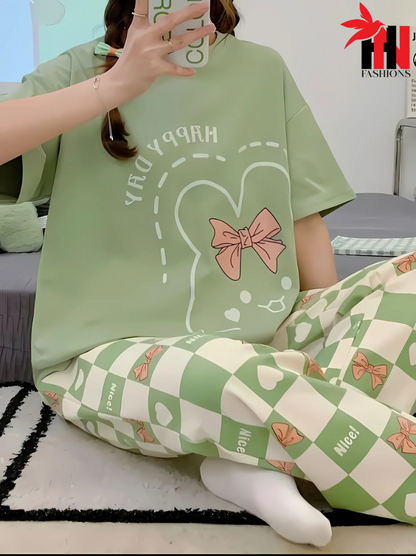 Olive Green Printed Night Suit