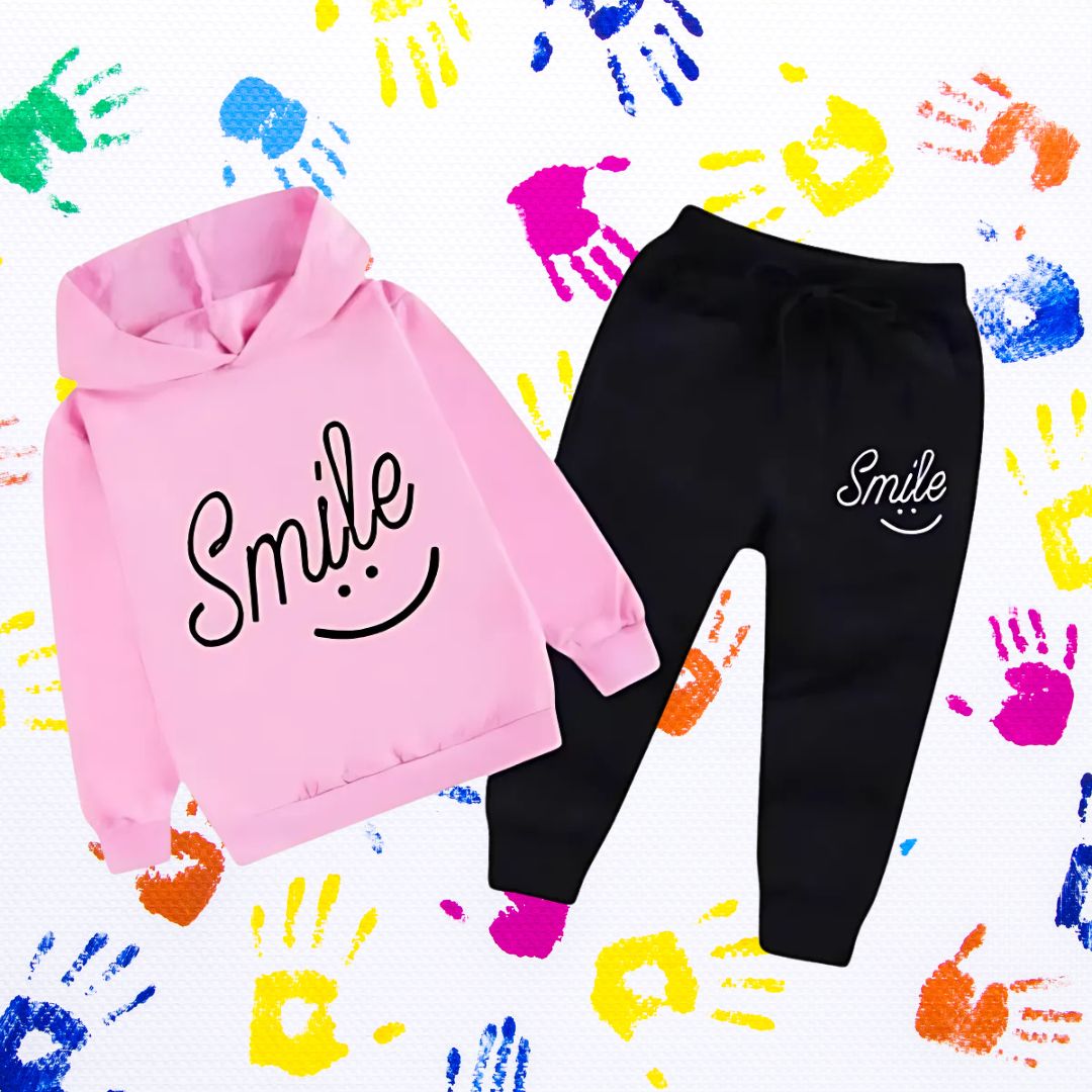 Pink Smiley Printed Hoodie With Trouser For Kids
