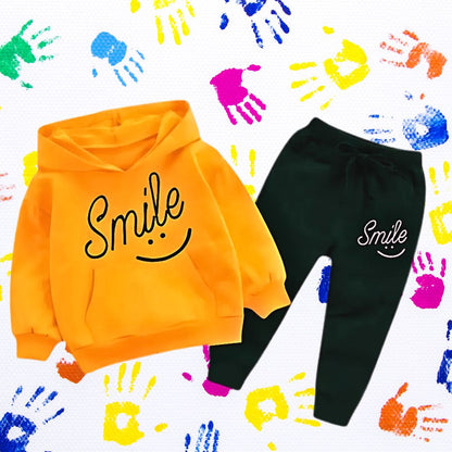 Orange Smiley Printed Hoodie With Trouser For Kids