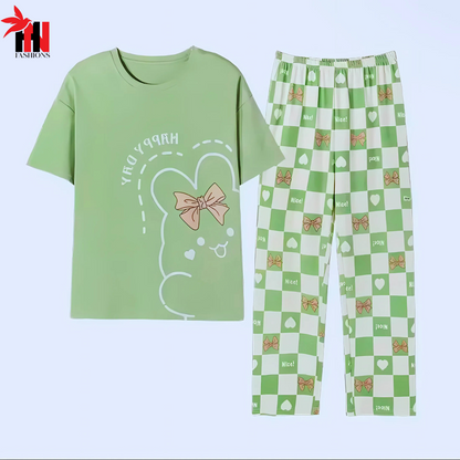 Olive Green Printed Night Suit