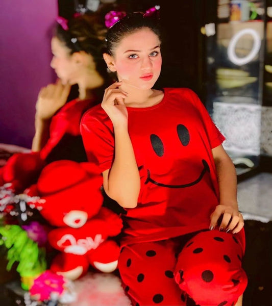 Red Smiley Half Sleeves Printed Pajama Night Suit