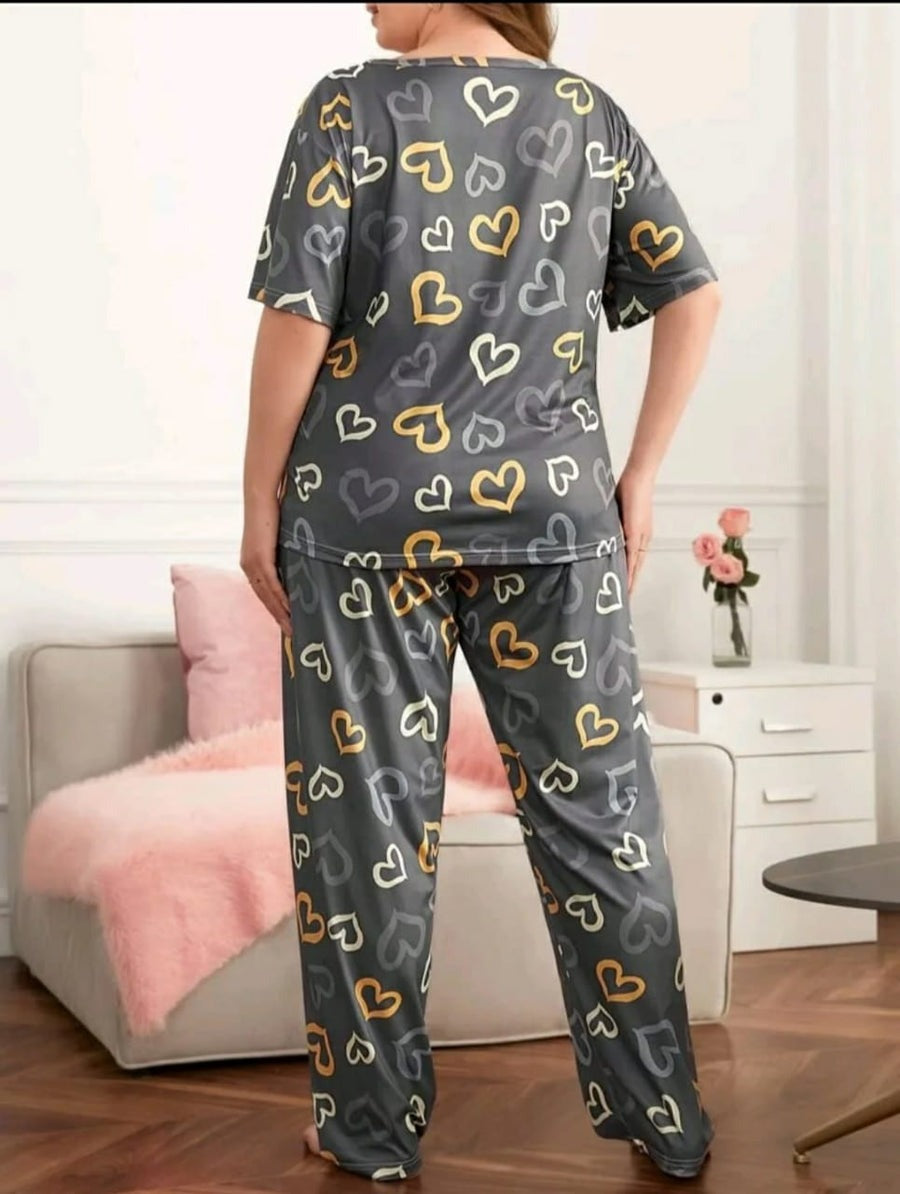 Dark Grey Multi Heart Printed Night Suit