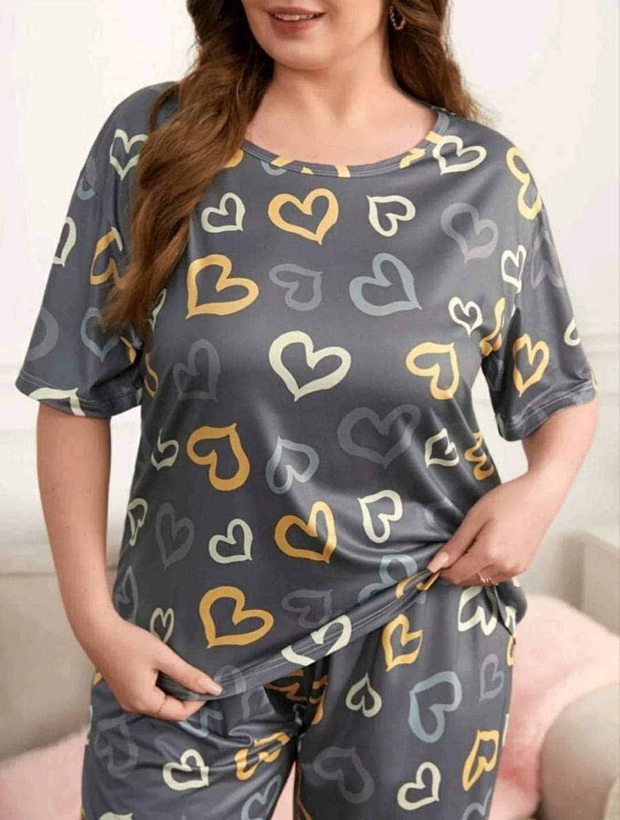 Dark Grey Multi Heart Printed Night Suit
