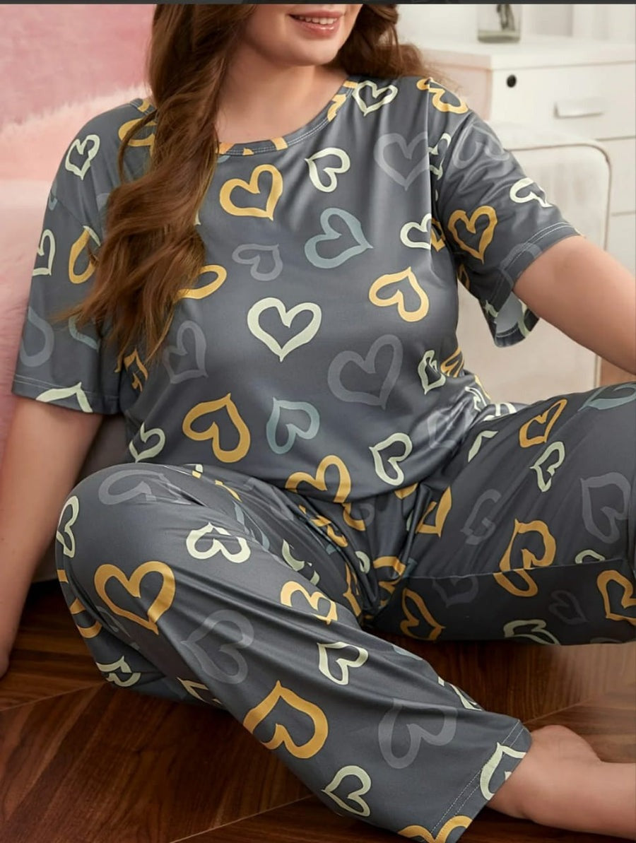 Dark Grey Multi Heart Printed Night Suit