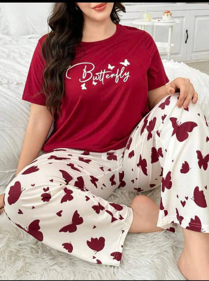Maroon Small Butterfly Printed Night Suit