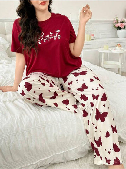 Maroon Small Butterfly Printed Night Suit