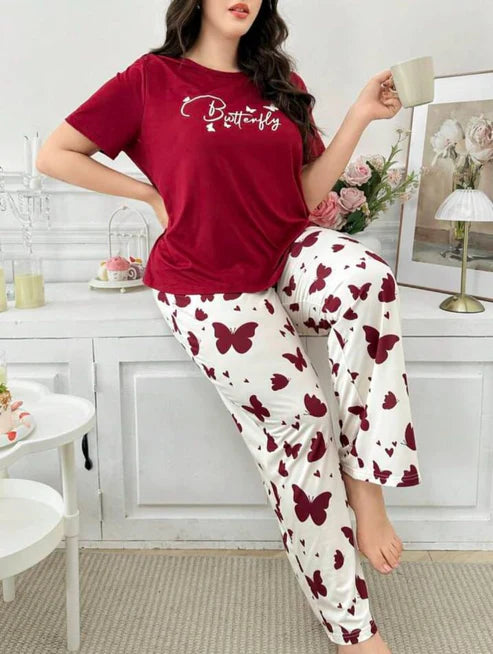 Maroon Small Butterfly Printed Night Suit