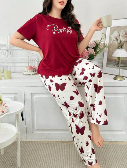Maroon Small Butterfly Printed Night Suit