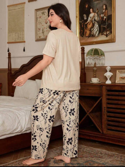 White & Black Leaves Printed Night Suit Half Sleeves