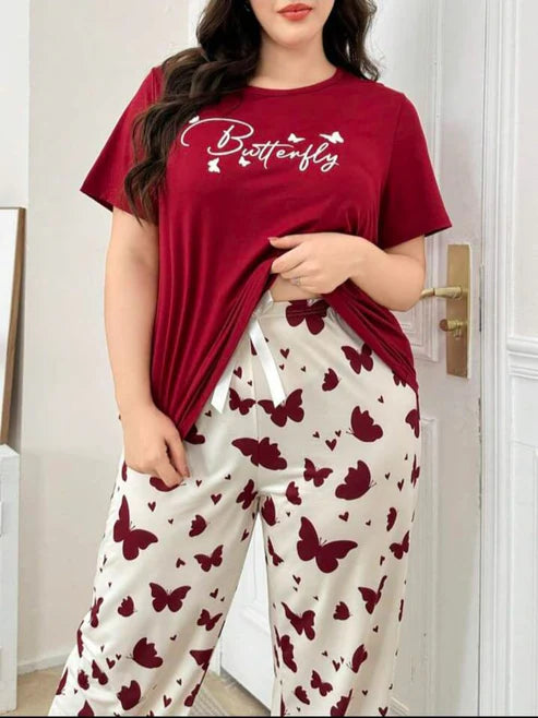 Maroon Small Butterfly Printed Night Suit