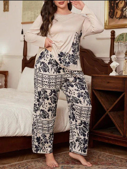 Cream With Black Leaves Printed Night Suit Full Sleeves