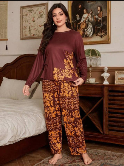 Mehroon With Golden Leaves Printed Night Suit Full Sleeves