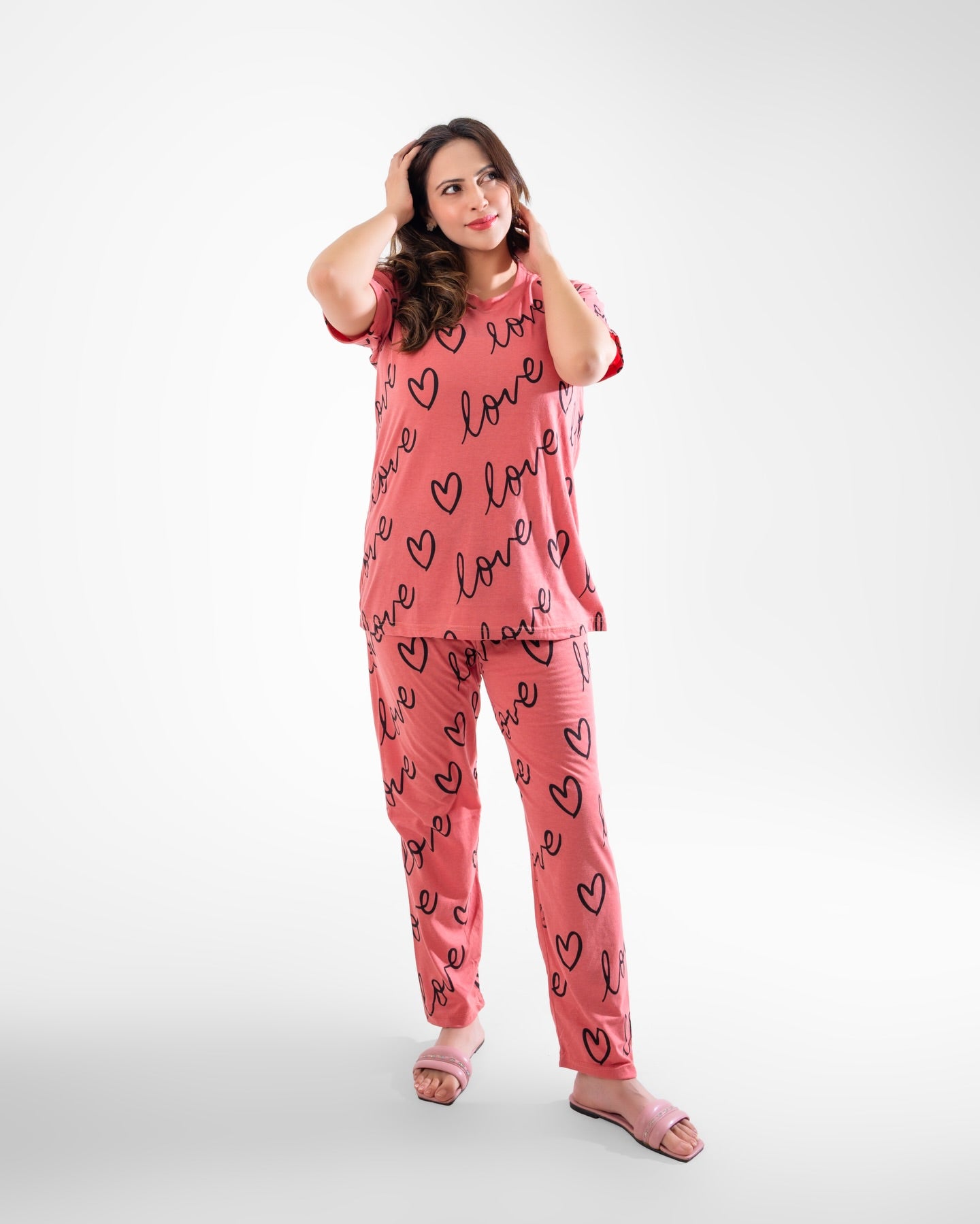 Shocking T-Pink Love Heart Printed Night Suit