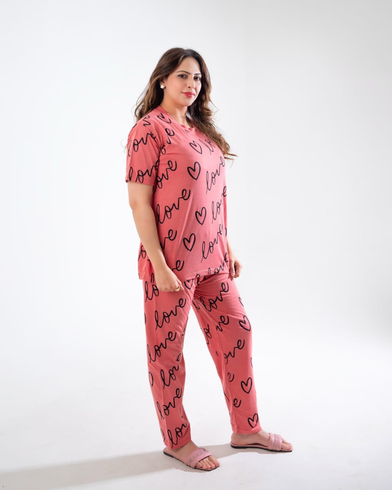 Shocking T-Pink Love Heart Printed Night Suit