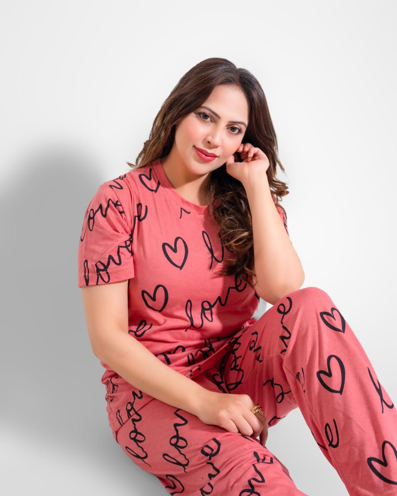 Shocking T-Pink Love Heart Printed Night Suit