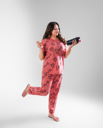 Shocking T-Pink Love Heart Printed Night Suit