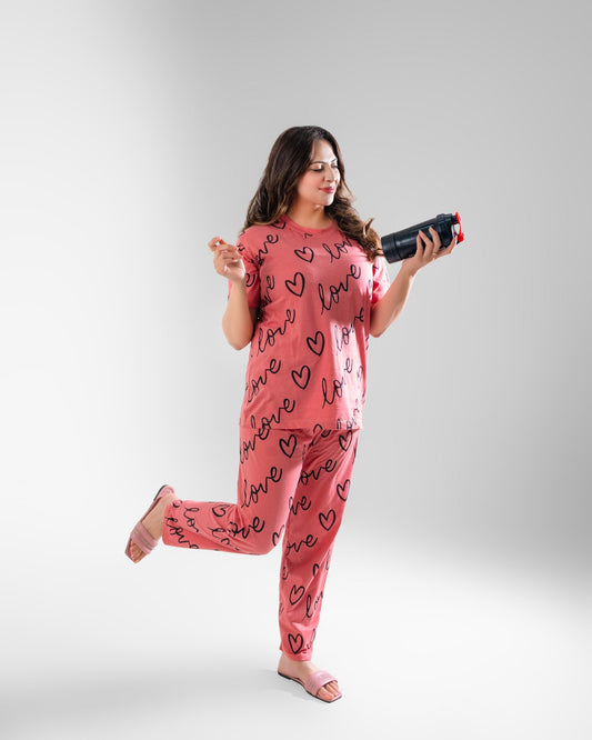 Shocking T-Pink Love Heart Printed Night Suit