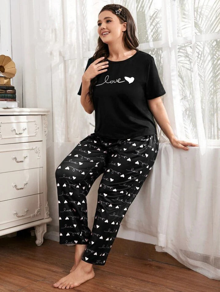 Black Small Heart Printed Night Suit