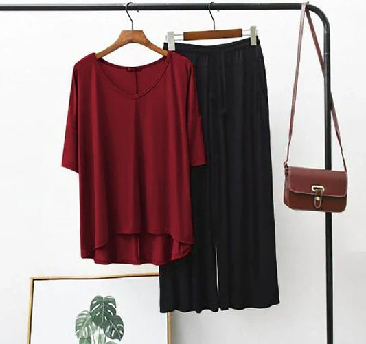 V-Neck Maroon With Black Plazzo Suit PJ Set