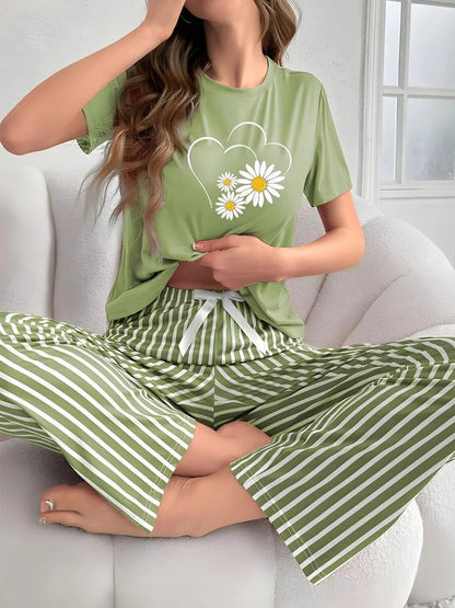 Green Sunflower Printed Night Suit