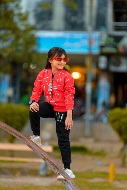 Kids Red Printed Zipper Jacket With Trouser (2 Piece)