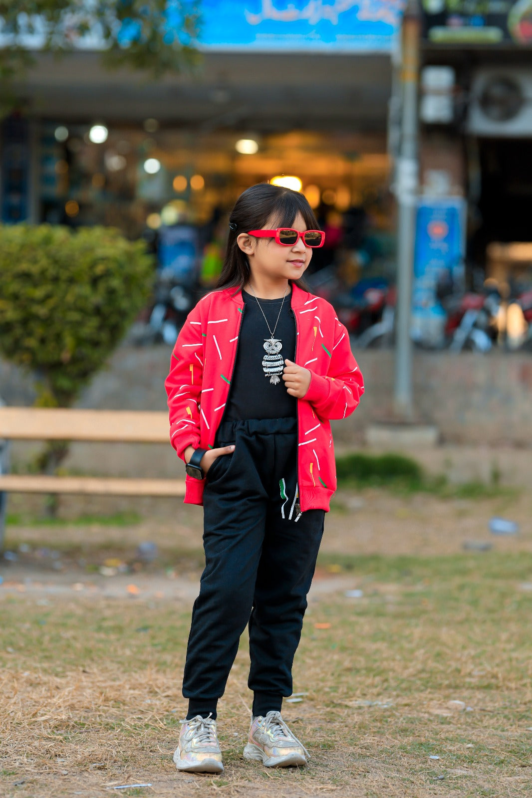 Kids Red Printed Zipper Jacket With Trouser (2 Piece)