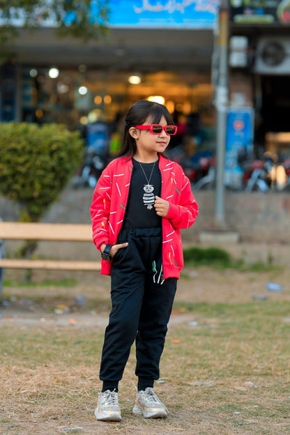 Kids Red Printed Zipper Jacket With Trouser (2 Piece)