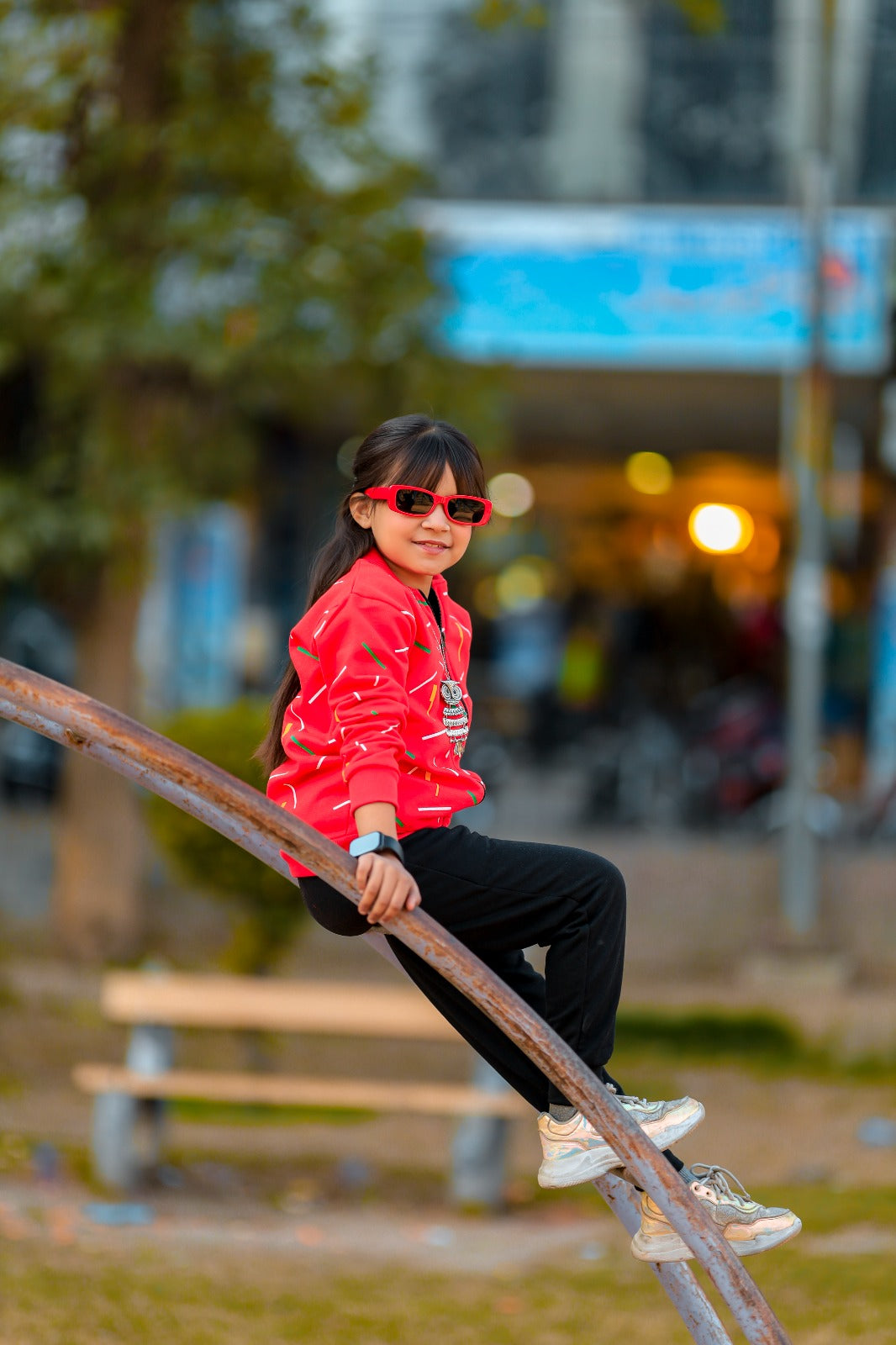 Kids Red Printed Zipper Jacket With Trouser (2 Piece)