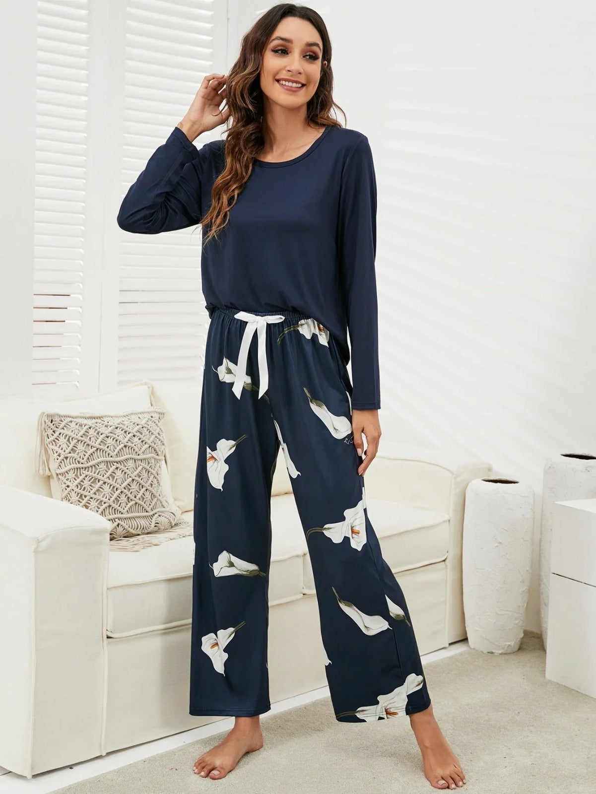 Navy Blue Pulip Flower Night Suit For Women